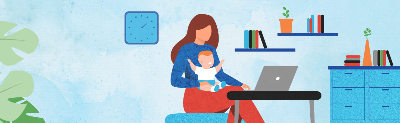 Illustration of a mother with a baby on her lap in front of a laptop